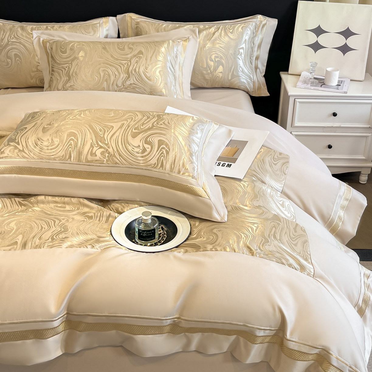 91家纺网 家纺一手货源 找家纺 博纳家纺 2026新款高端色织提花拼角绣花宽边亲肤棉四件套海韵系列 海韵-香槟