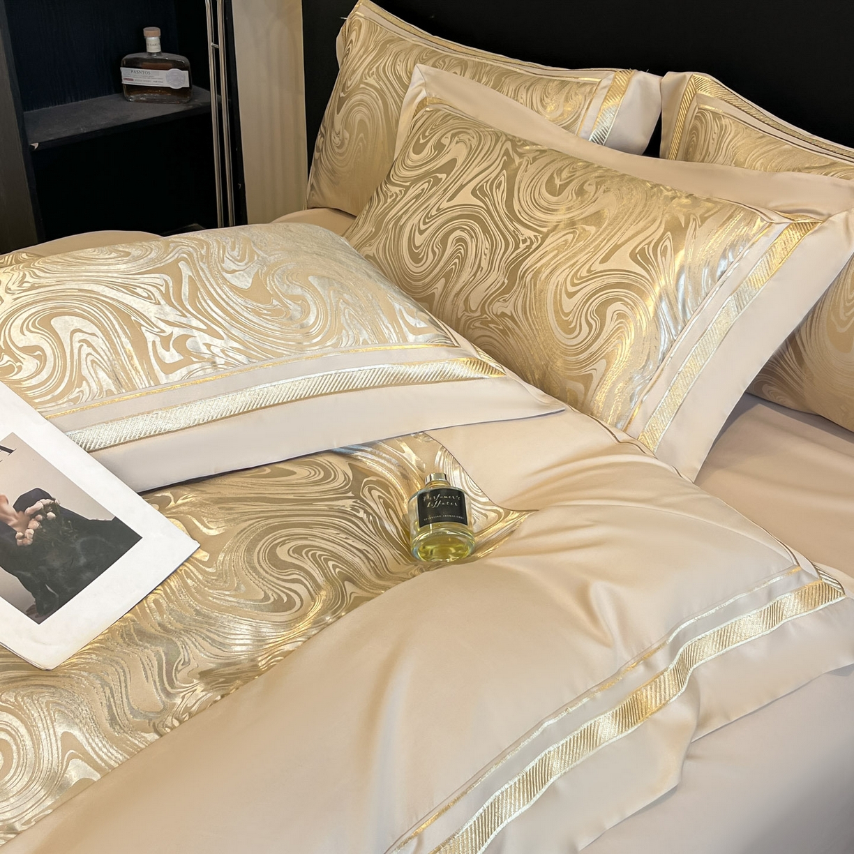 91家纺网 家纺一手货源 找家纺 博纳家纺 2026新款高端色织提花拼角绣花宽边亲肤棉四件套海韵系列 海韵-香槟