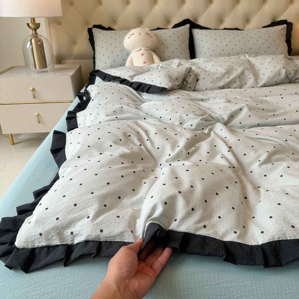 91家纺网 家纺一手货源 找家纺 韩巢家纺 2026新款黑色花边款四件套 蓝灰波点【黑皱皱花边款】