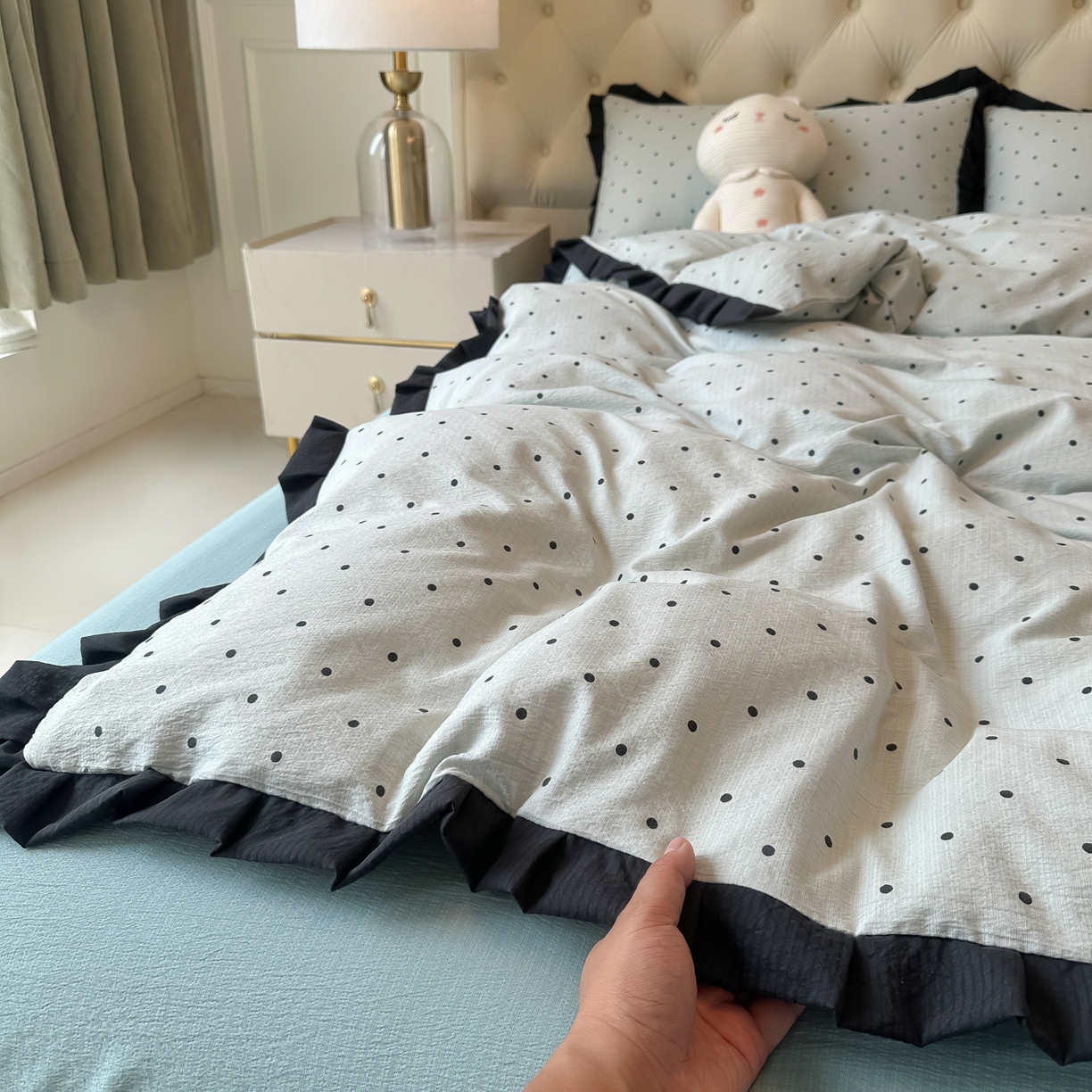 91家纺网 家纺一手货源 找家纺 韩巢家纺 2026新款黑色花边款四件套 蓝灰波点【黑皱皱花边款】