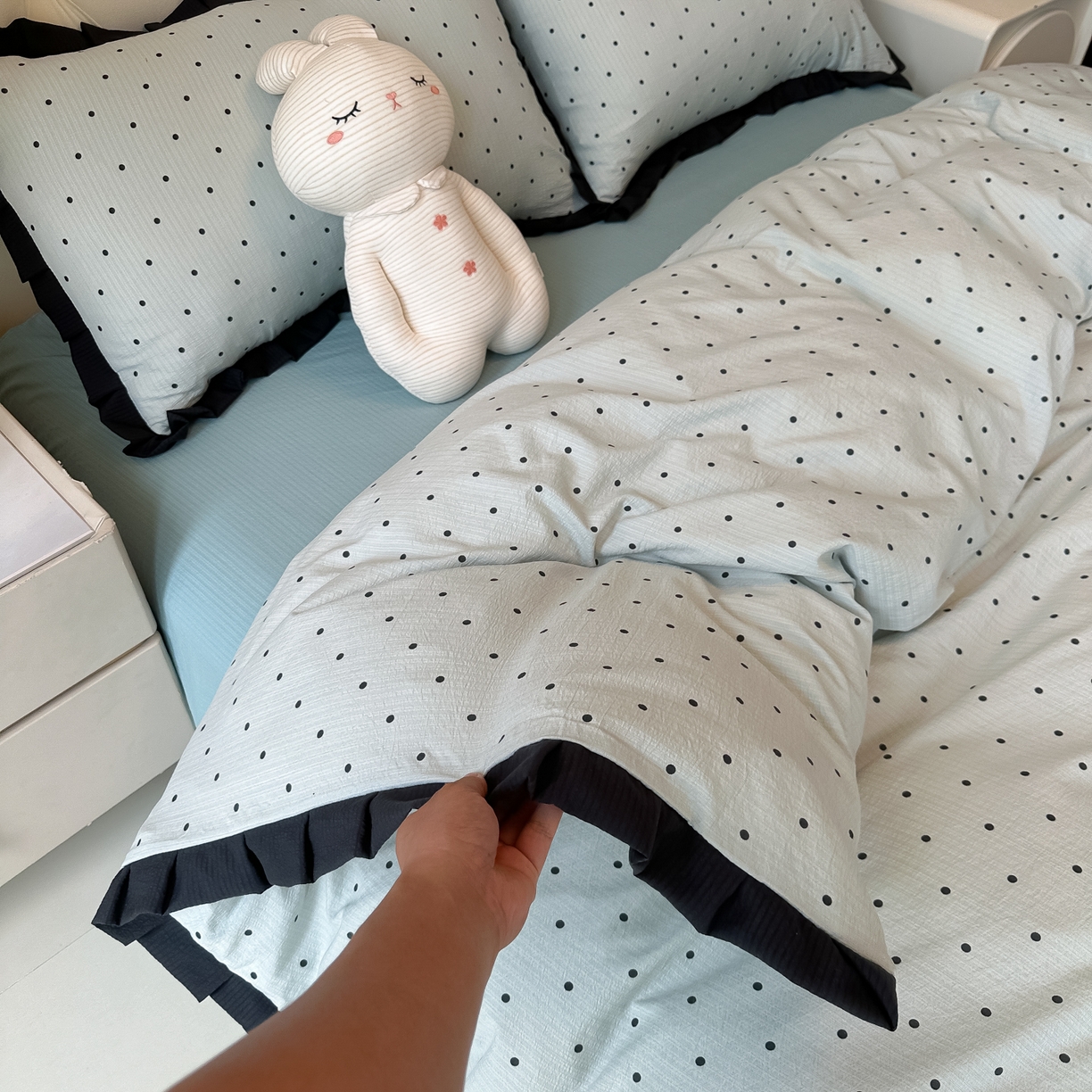 91家纺网 家纺一手货源 找家纺 韩巢家纺 2026新款黑色花边款四件套 蓝灰波点【黑皱皱花边款】