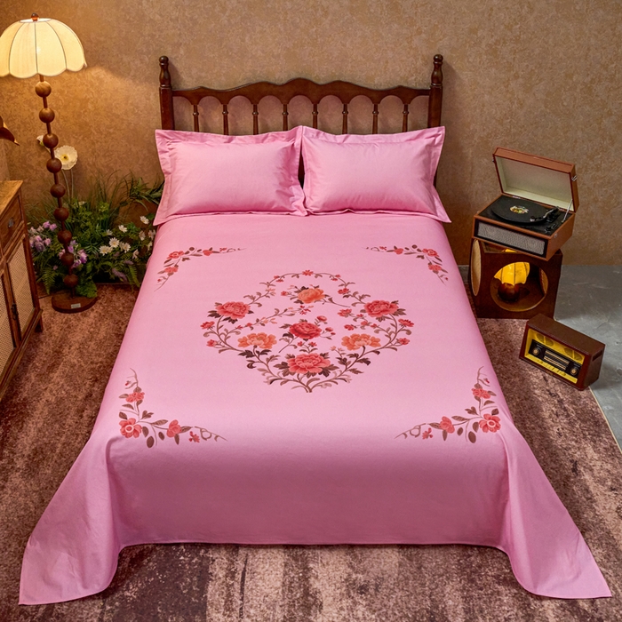 91家纺网 家纺一手货源 找家纺 春皖家纺 2026新款老上海A类国民全棉老粗布床单怀旧经典粗布床单（提供买家秀） 锦花-玫红