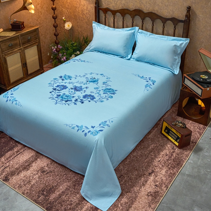 91家纺网 家纺一手货源 找家纺 春皖家纺 2026新款老上海A类国民全棉老粗布床单怀旧经典粗布床单（提供买家秀） 锦花-蓝