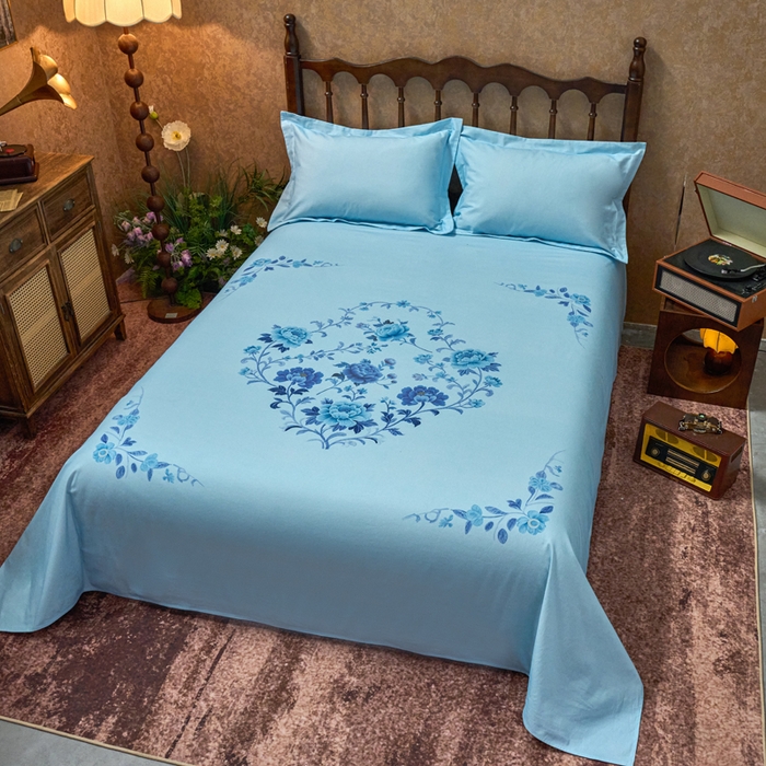 91家纺网 家纺一手货源 找家纺 春皖家纺 2026新款老上海A类国民全棉老粗布床单怀旧经典粗布床单（提供买家秀） 锦花-蓝