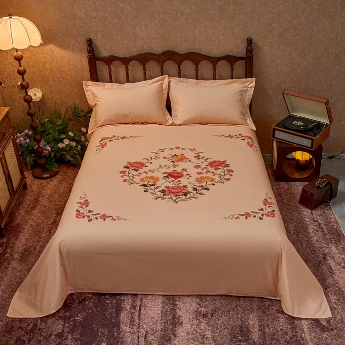 91家纺网 家纺一手货源 找家纺 春皖家纺 2026新款老上海A类国民全棉老粗布床单怀旧经典粗布床单（提供买家秀） 锦花-暖杏