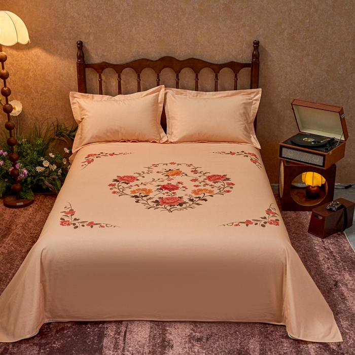 91家纺网 家纺一手货源 找家纺 春皖家纺 2026新款老上海A类国民全棉老粗布床单怀旧经典粗布床单（提供买家秀） 锦花-暖杏