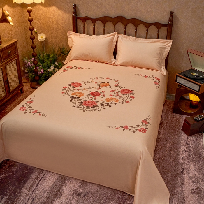 91家纺网 家纺一手货源 找家纺 春皖家纺 2026新款老上海A类国民全棉老粗布床单怀旧经典粗布床单（提供买家秀） 锦花-暖杏