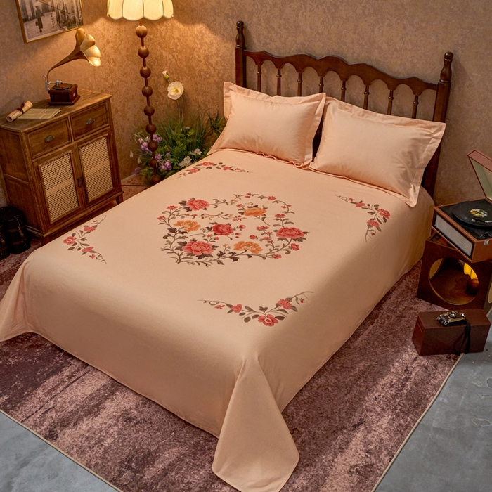 91家纺网 家纺一手货源 找家纺 春皖家纺 2026新款老上海A类国民全棉老粗布床单怀旧经典粗布床单（提供买家秀） 锦花-暖杏