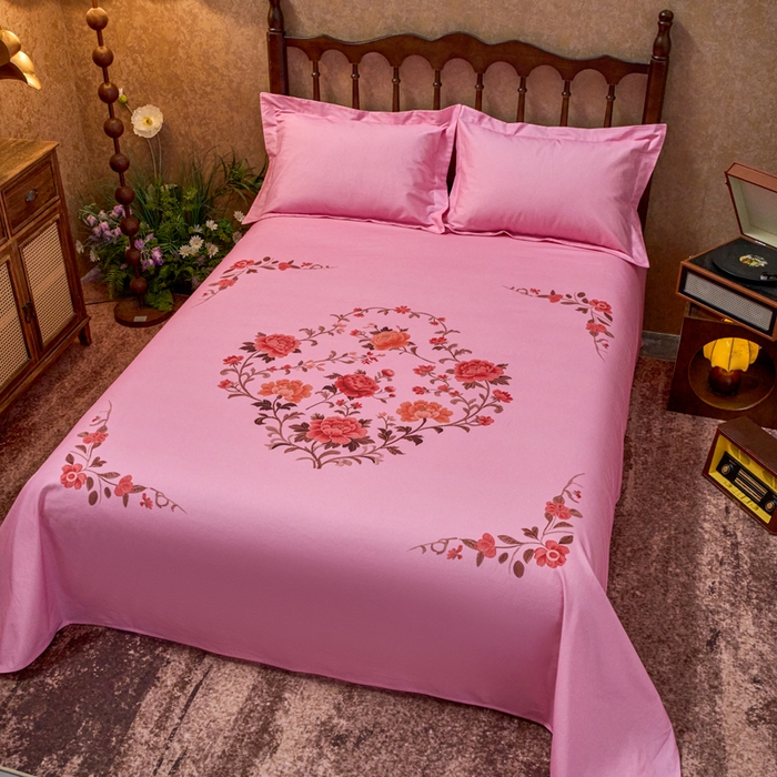 91家纺网 家纺一手货源 找家纺 春皖家纺 2026新款老上海A类国民全棉老粗布床单怀旧经典粗布床单（提供买家秀） 锦花-玫红