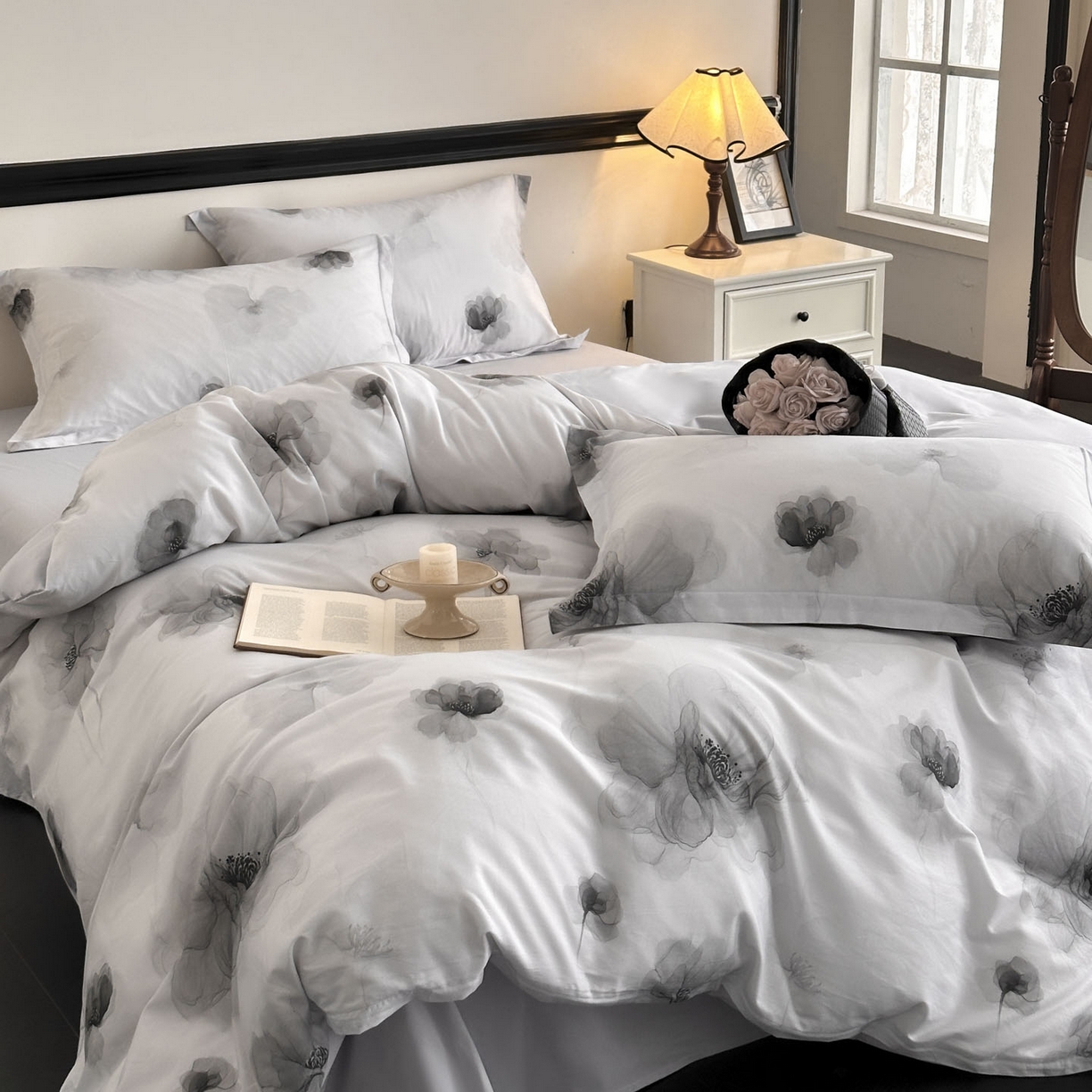 91家纺网 家纺一手货源 找家纺 金鑫汇家纺 2026新款全棉高端数码印花四件套 春晓-灰