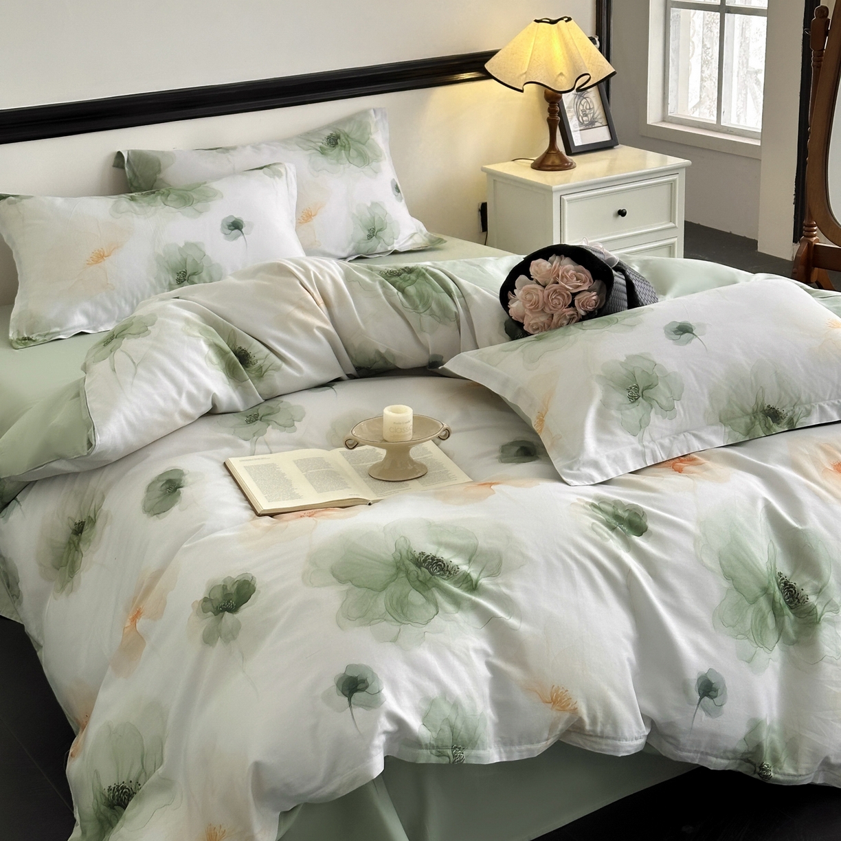 91家纺网 家纺一手货源 找家纺 金鑫汇家纺 2026新款全棉高端数码印花四件套 春晓-绿