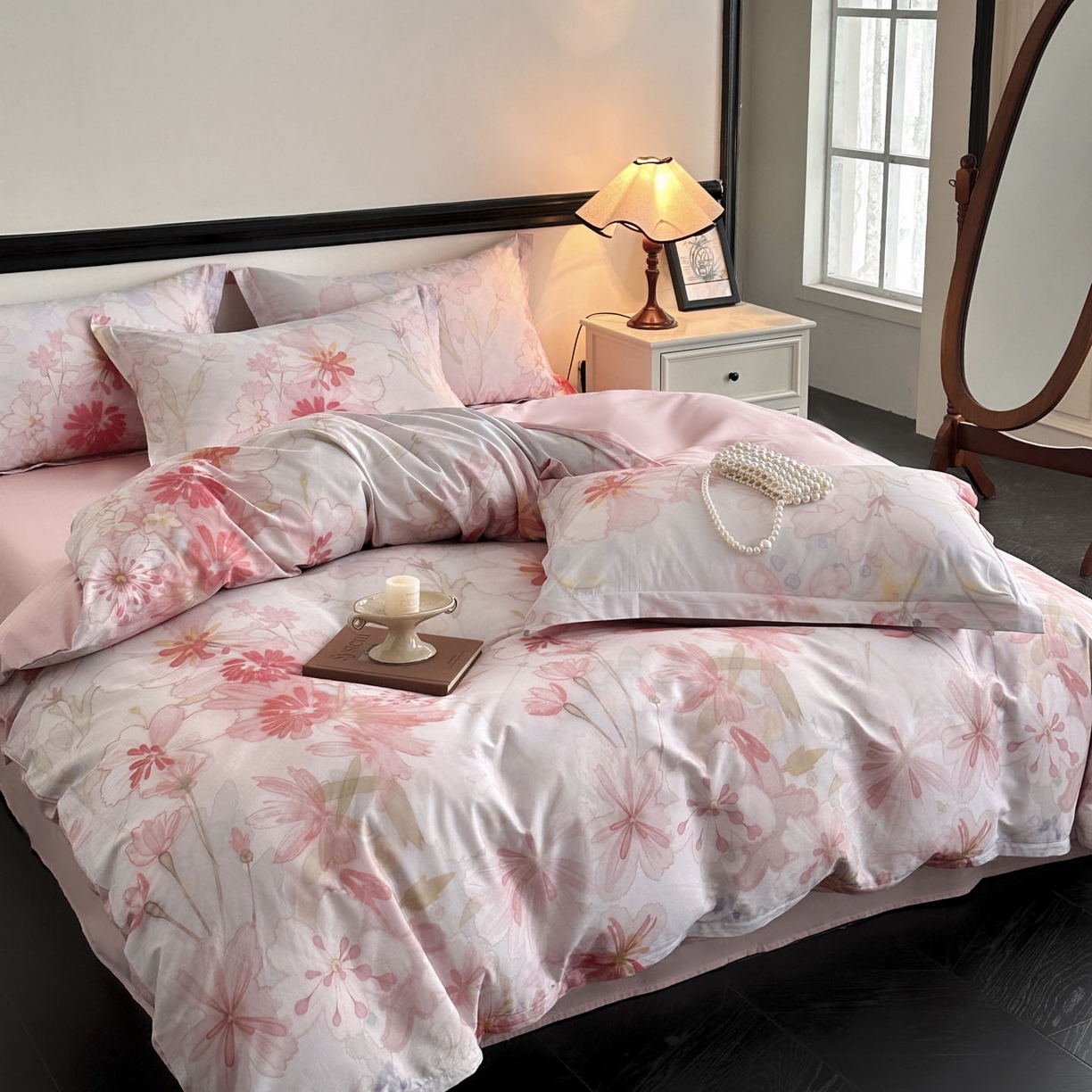 91家纺网 家纺一手货源 找家纺 金鑫汇家纺 2026新款全棉高端数码印花四件套 木槿-粉