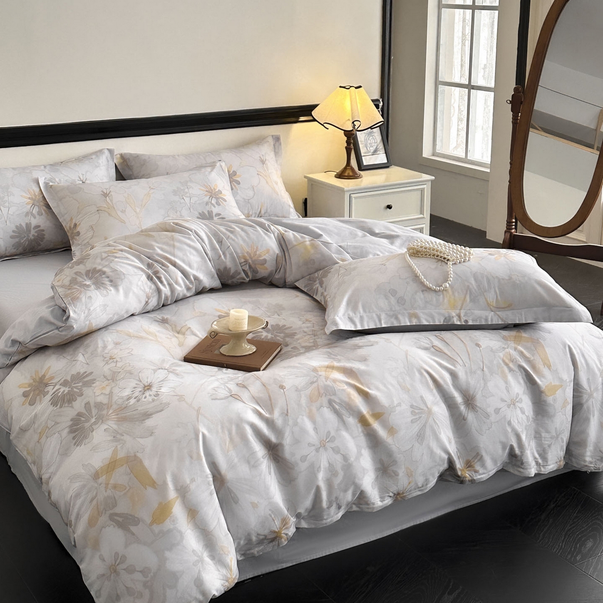 91家纺网 家纺一手货源 找家纺 金鑫汇家纺 2026新款全棉高端数码印花四件套 木槿-灰