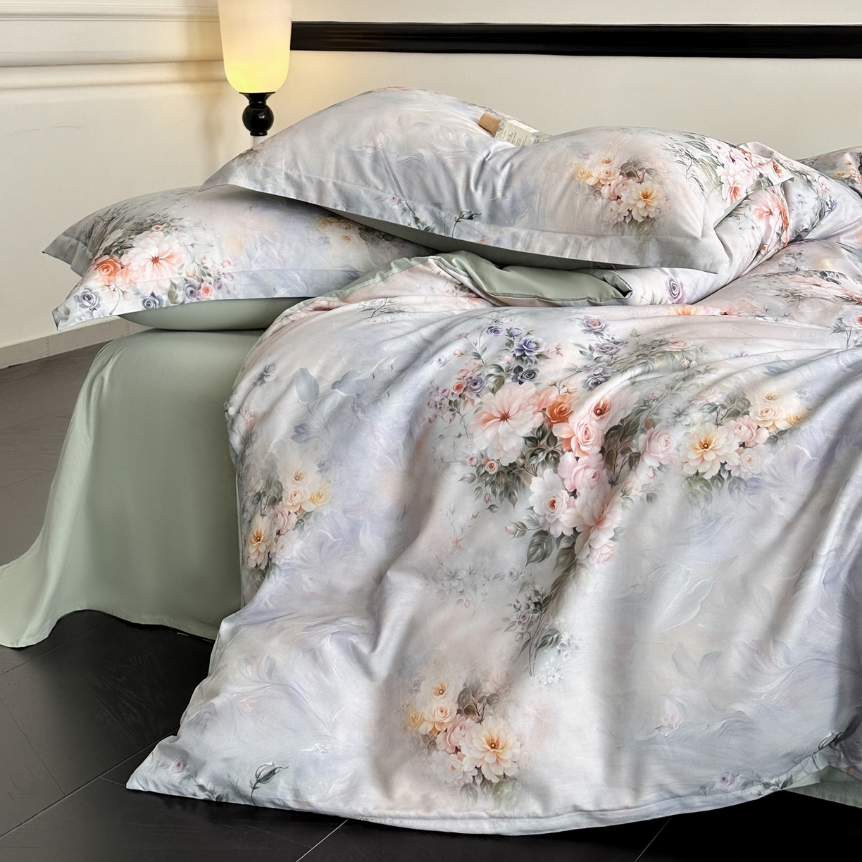 91家纺网 家纺一手货源 找家纺 金鑫汇家纺 2026新款全棉高端数码印花四件套 轻梦花海-蓝