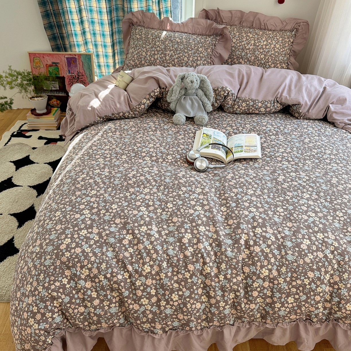 91家纺网 家纺一手货源 找家纺 凯洛奇 2026新款A类仿棉四件套古法水洗棉法式工艺花边套件（提供买家秀）浪漫花海