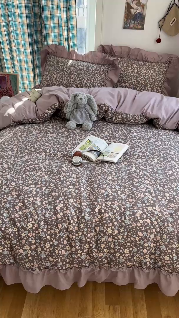 91家纺网 家纺一手货源 找家纺 凯洛奇 2026新款A类仿棉四件套古法水洗棉法式工艺花边套件（提供买家秀）浪漫花海