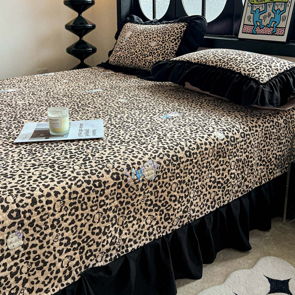 91家纺网 家纺一手货源 找家纺 富米莱单品馆 2026新款法式赫本风大花边A类古法仿棉云感纱单品床盖 豹纹猫咪