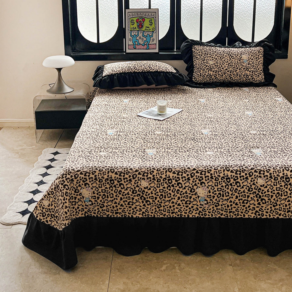 91家纺网 家纺一手货源 找家纺 富米莱单品馆 2026新款法式赫本风大花边A类古法仿棉云感纱单品床盖 豹纹猫咪