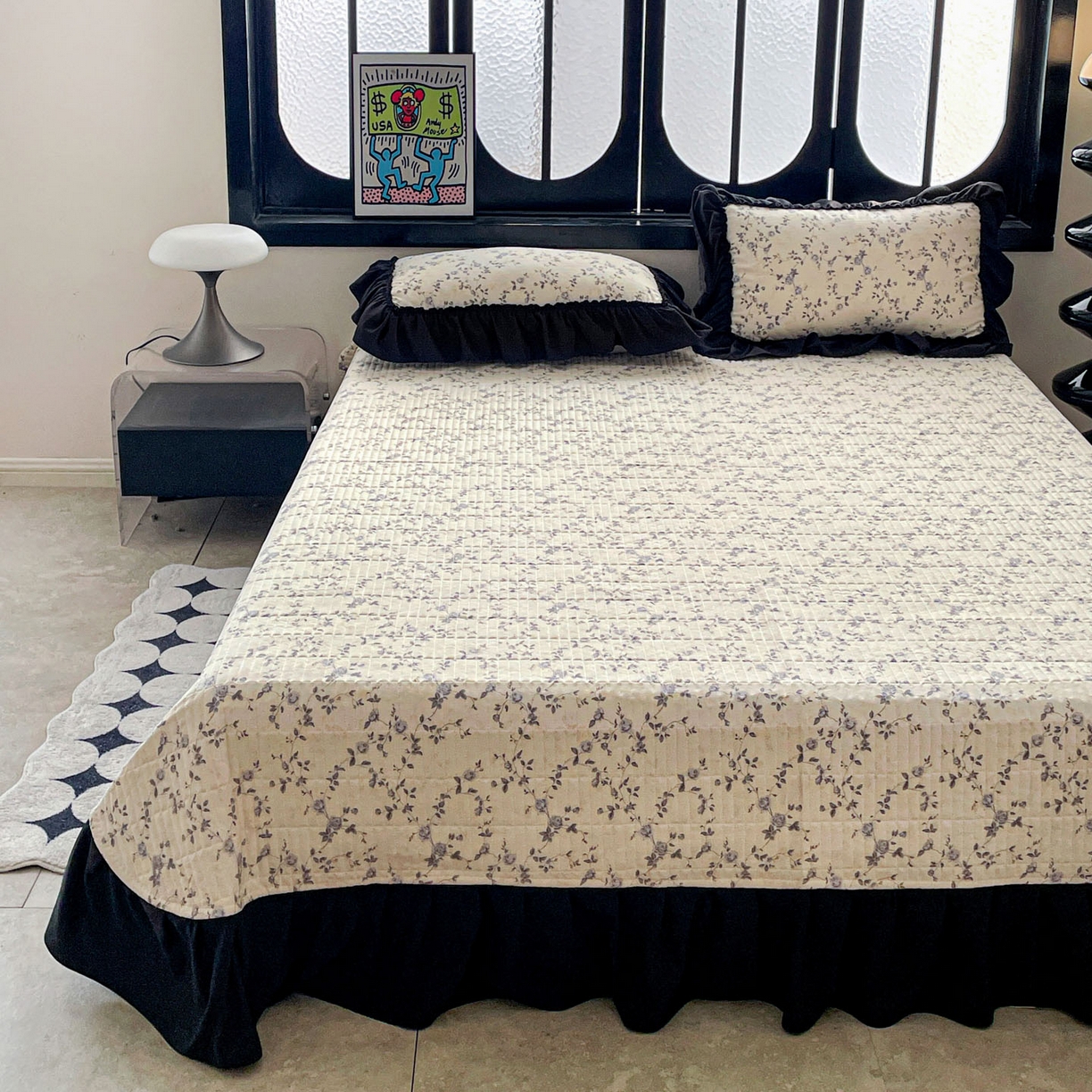 91家纺网 家纺一手货源 找家纺 富米莱单品馆 2026新款法式赫本风大花边A类古法仿棉云感纱单品床盖 槿上花开