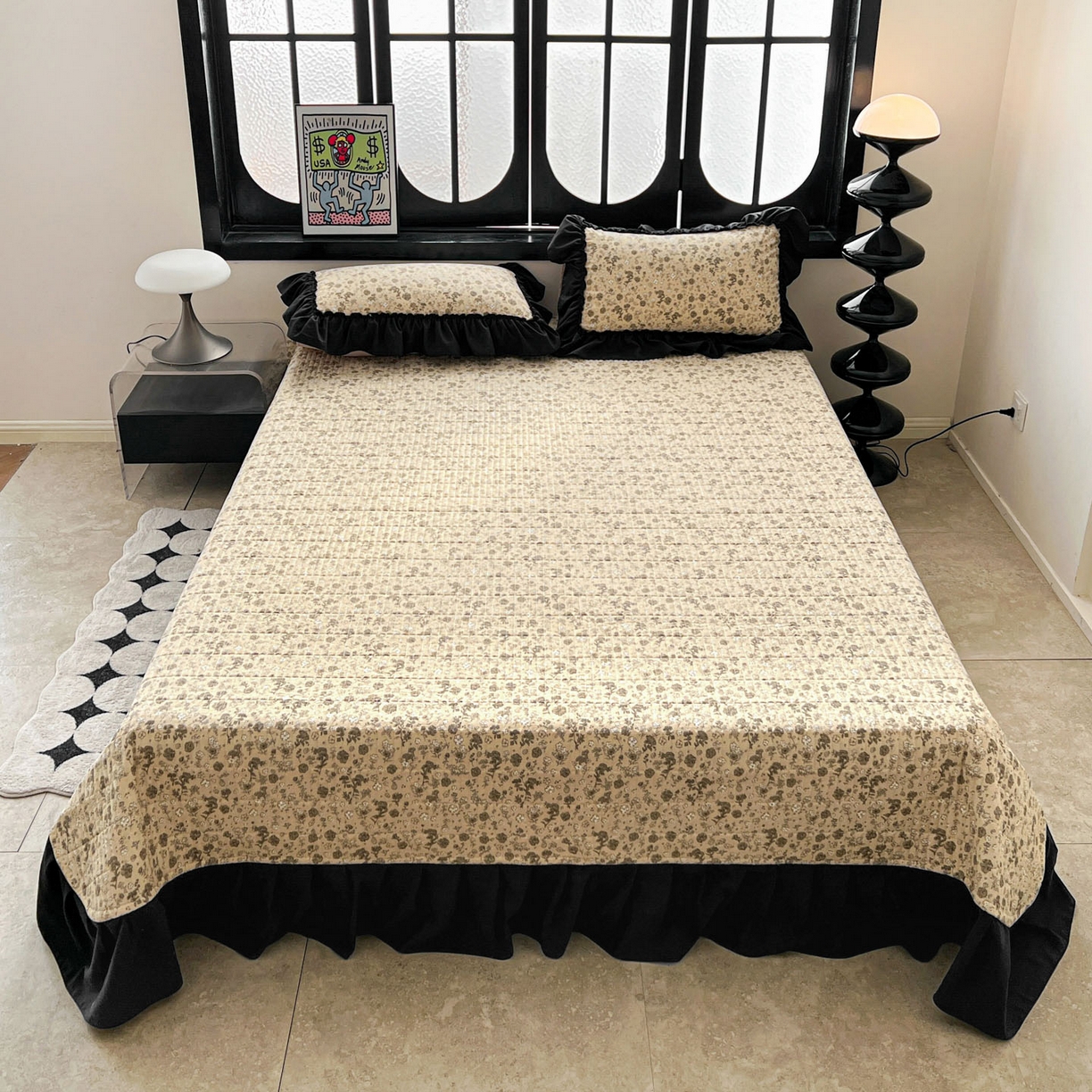 富米莱单品馆 2026新款法式赫本风大花边A类古法仿棉云感纱单品床盖 卡布奇诺