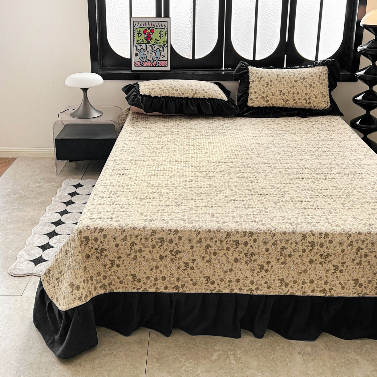 91家纺网 家纺一手货源 找家纺 富米莱单品馆 2026新款法式赫本风大花边A类古法仿棉云感纱单品床盖 卡布奇诺