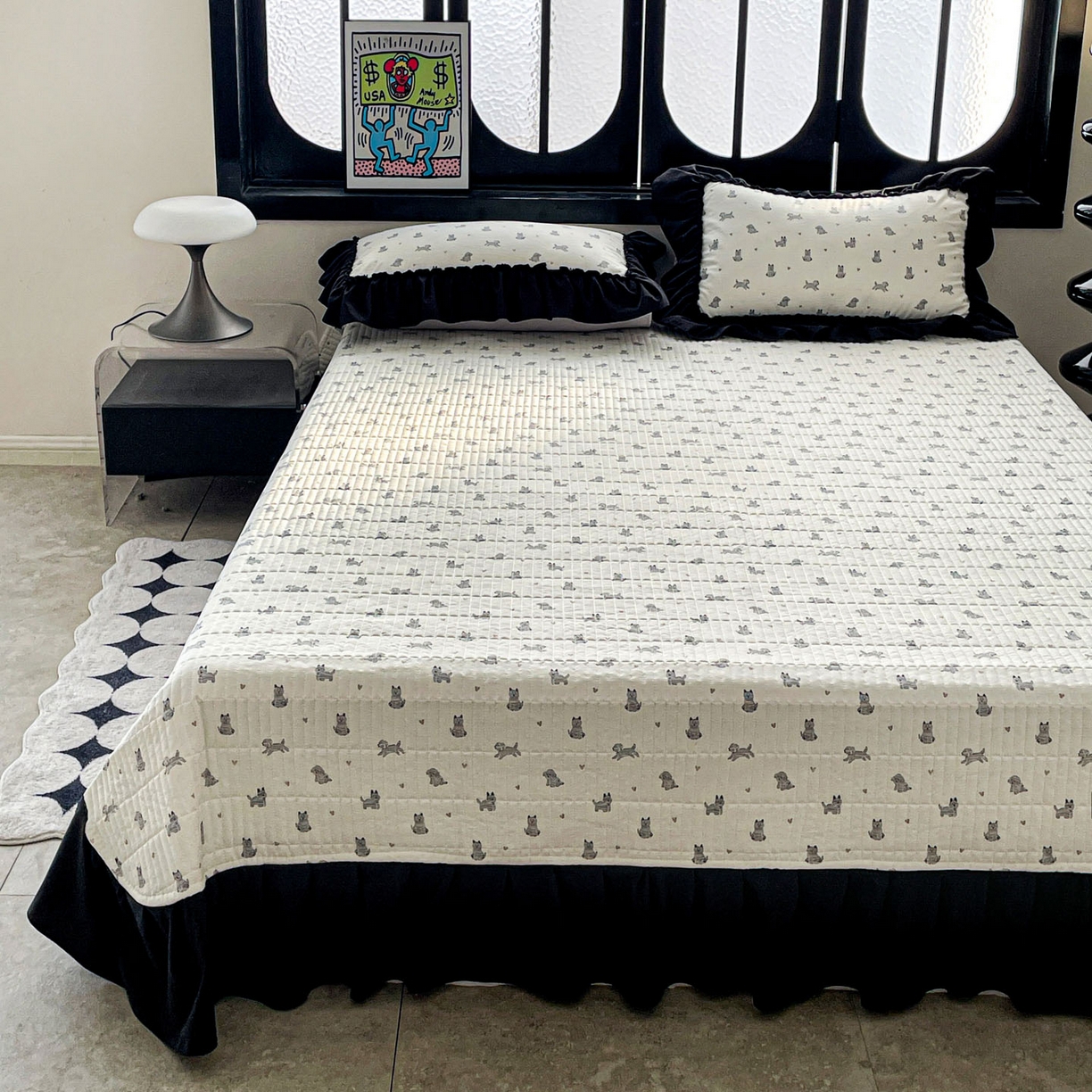 91家纺网 家纺一手货源 找家纺 富米莱单品馆 2026新款法式赫本风大花边A类古法仿棉云感纱单品床盖 恰恰狗