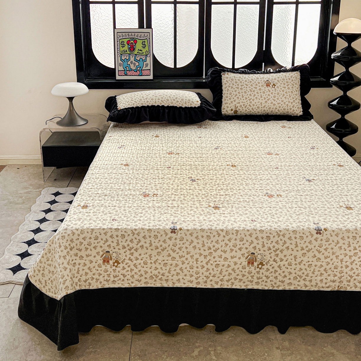 91家纺网 家纺一手货源 找家纺 富米莱单品馆 2026新款法式赫本风大花边A类古法仿棉云感纱单品床盖 午后时光