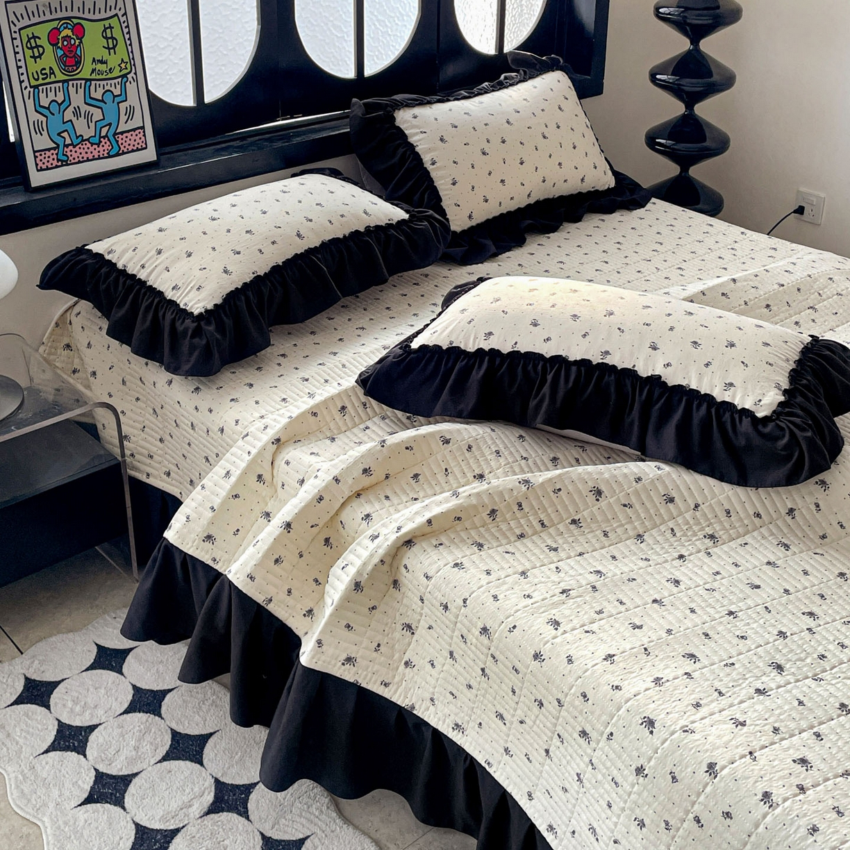 91家纺网 家纺一手货源 找家纺 富米莱单品馆 2026新款法式赫本风大花边A类古法仿棉云感纱单品床盖 小玫瑰