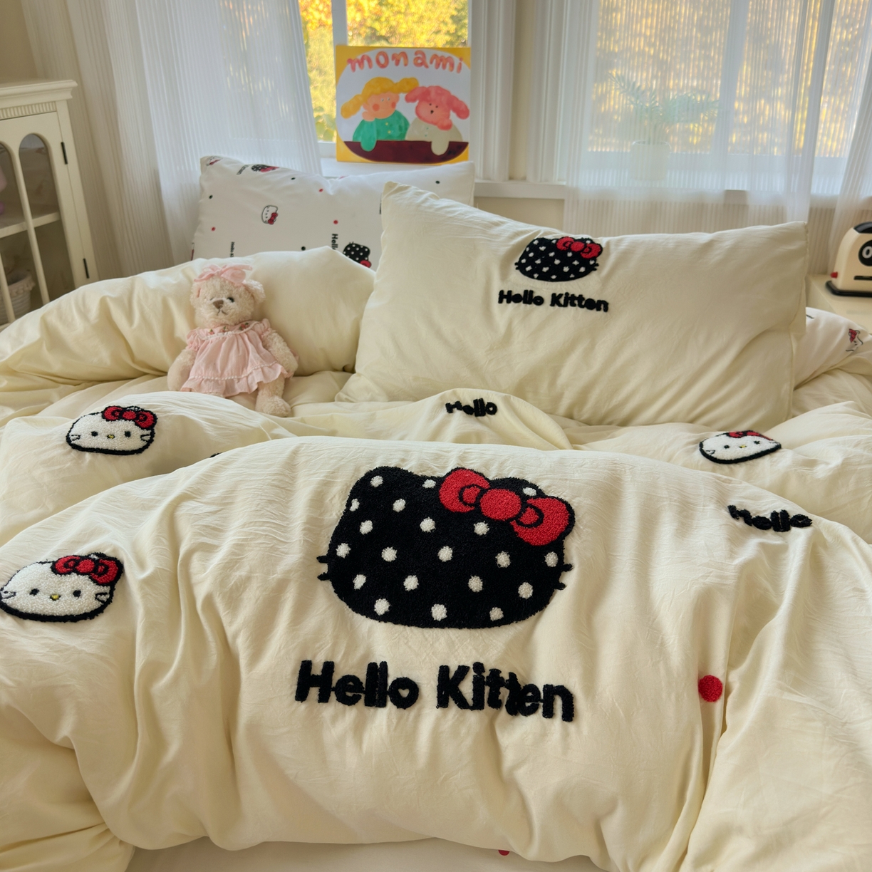 91家纺网 家纺一手货源 找家纺 奈颜 2026新款超柔水洗皱皱棉毛巾绣四件套 芝士KT