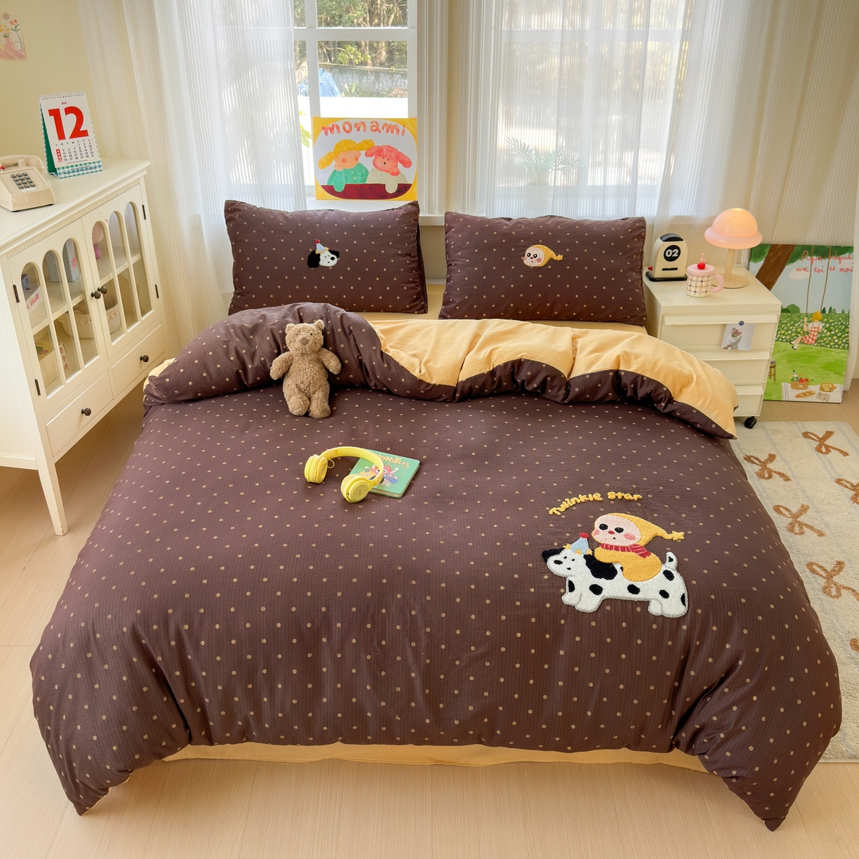 奈颜 2026新款超柔水洗皱皱棉毛巾绣四件套 波点玩伴