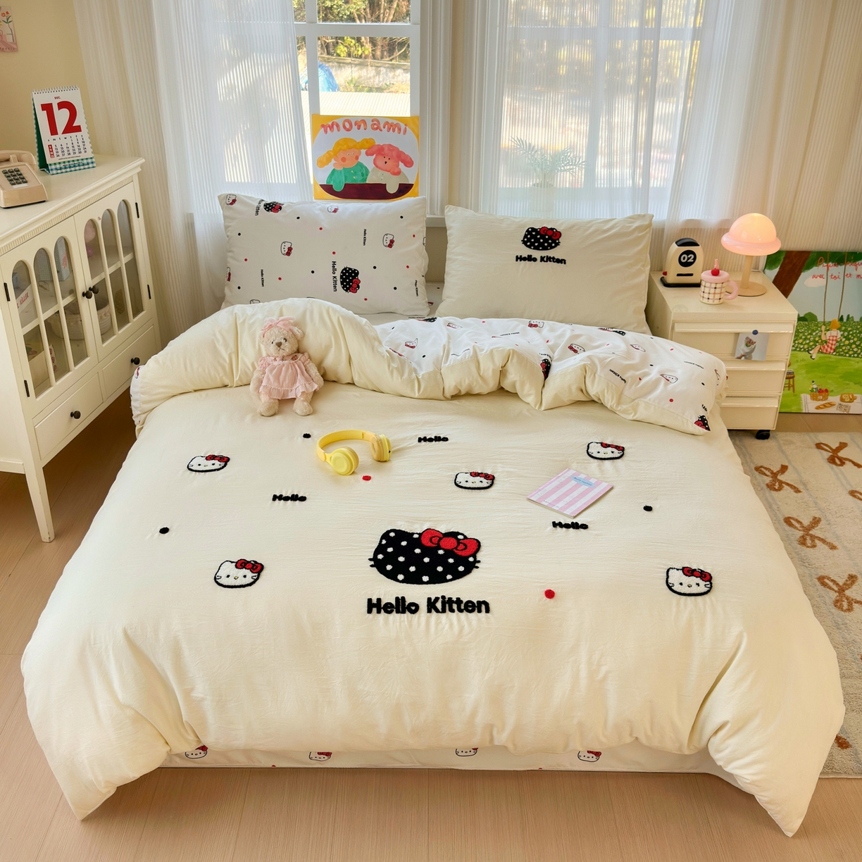 奈颜 2026新款超柔水洗皱皱棉毛巾绣四件套 芝士KT