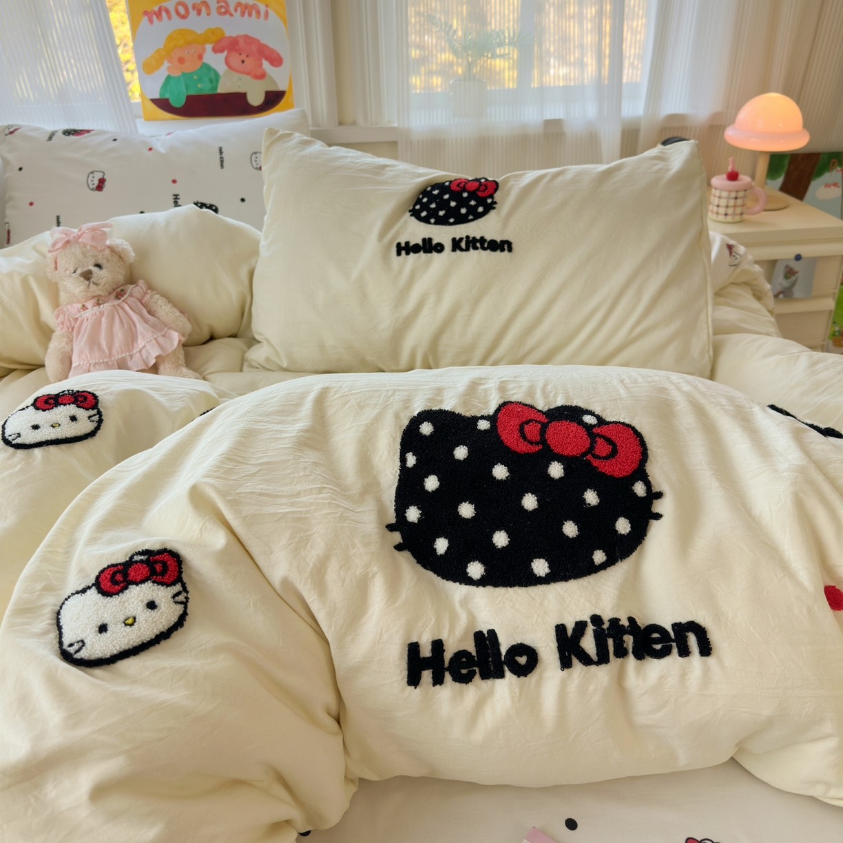 91家纺网 家纺一手货源 找家纺 奈颜 2026新款超柔水洗皱皱棉毛巾绣四件套 芝士KT