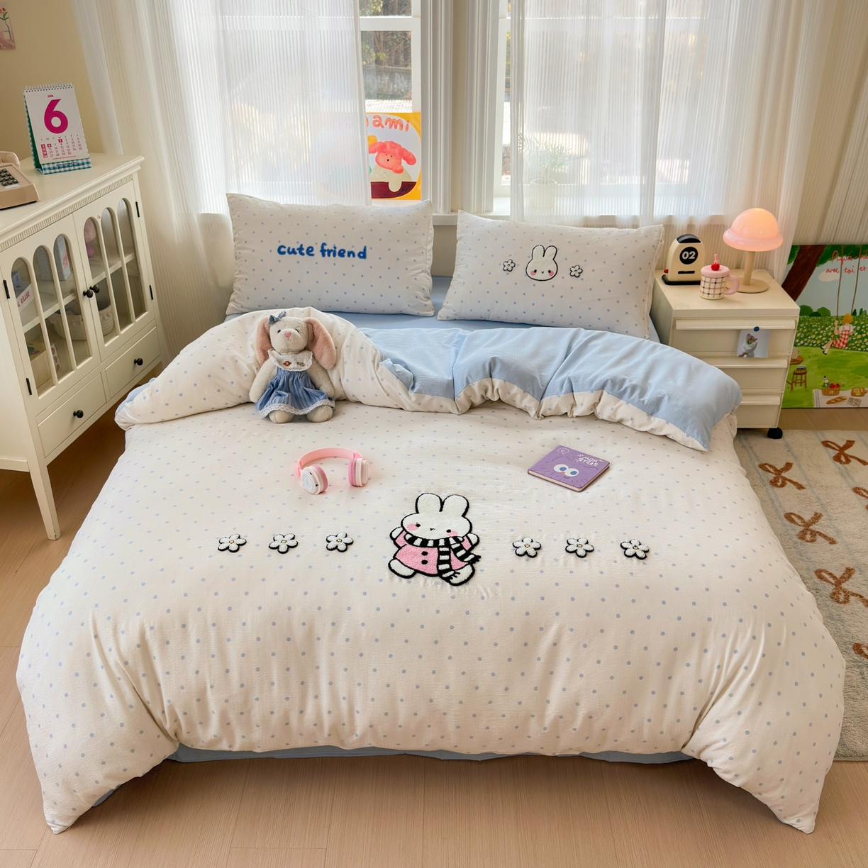 奈颜 2026新款超柔水洗皱皱棉毛巾绣四件套 菲菲兔