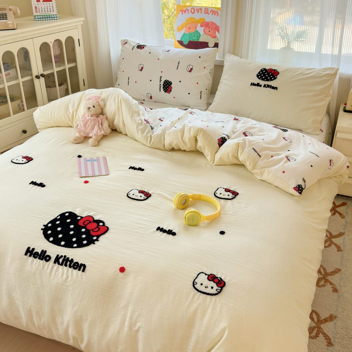 91家纺网 家纺一手货源 找家纺 奈颜 2026新款超柔水洗皱皱棉毛巾绣四件套 芝士KT