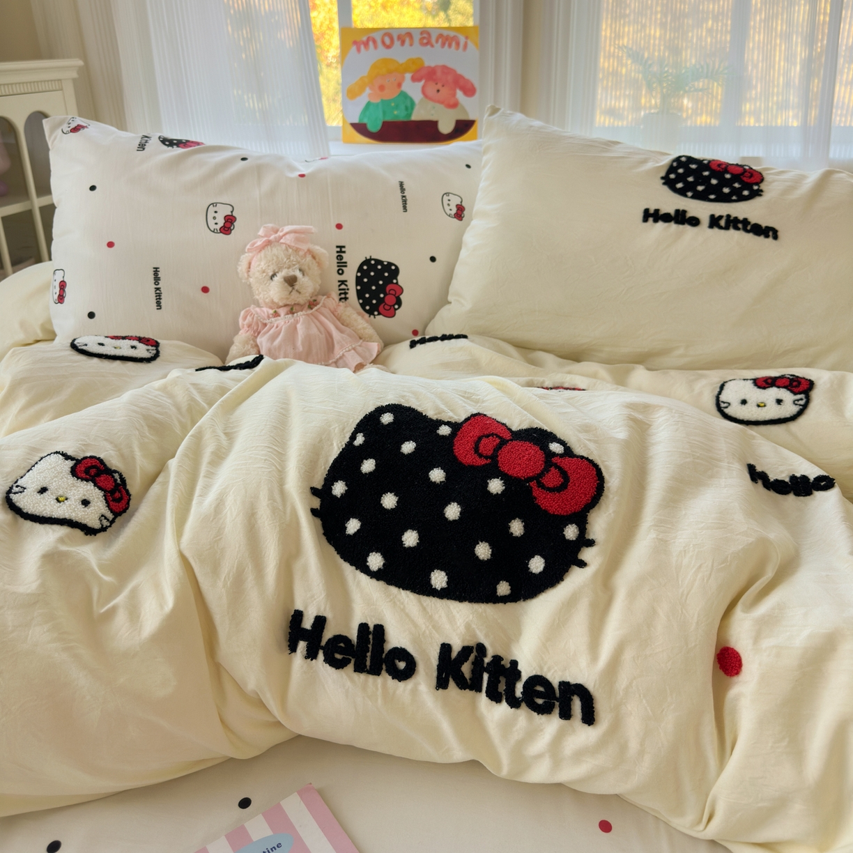 91家纺网 家纺一手货源 找家纺 奈颜 2026新款超柔水洗皱皱棉毛巾绣四件套 芝士KT