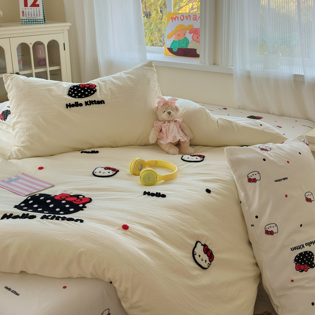 91家纺网 家纺一手货源 找家纺 奈颜 2026新款超柔水洗皱皱棉毛巾绣四件套 芝士KT