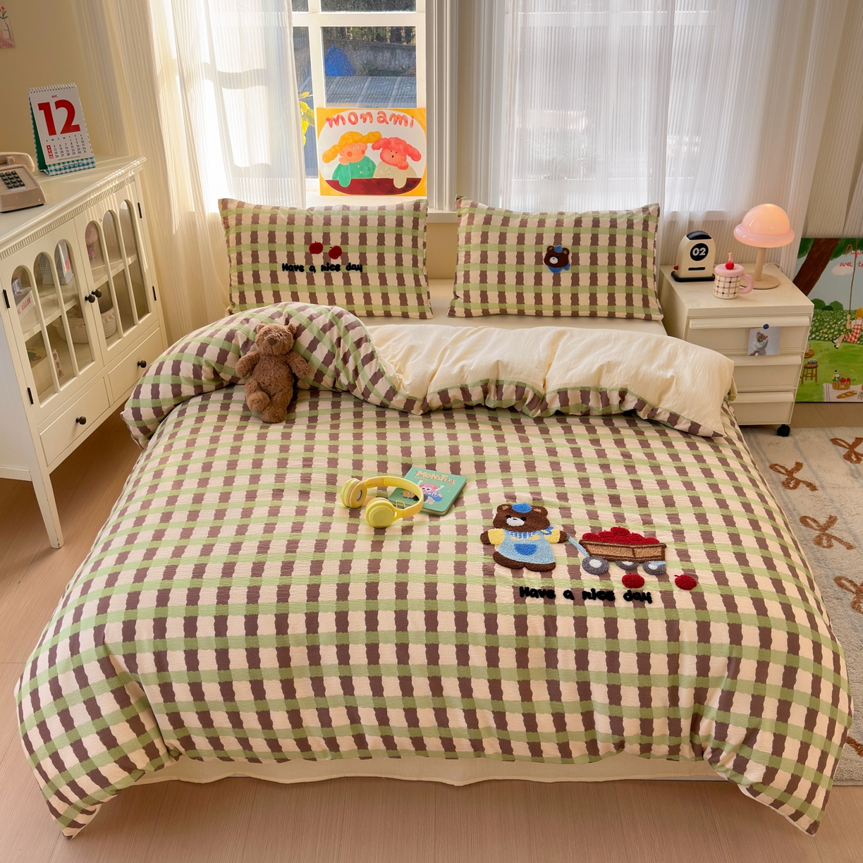 奈颜 2026新款超柔水洗皱皱棉毛巾绣四件套 格子萌熊