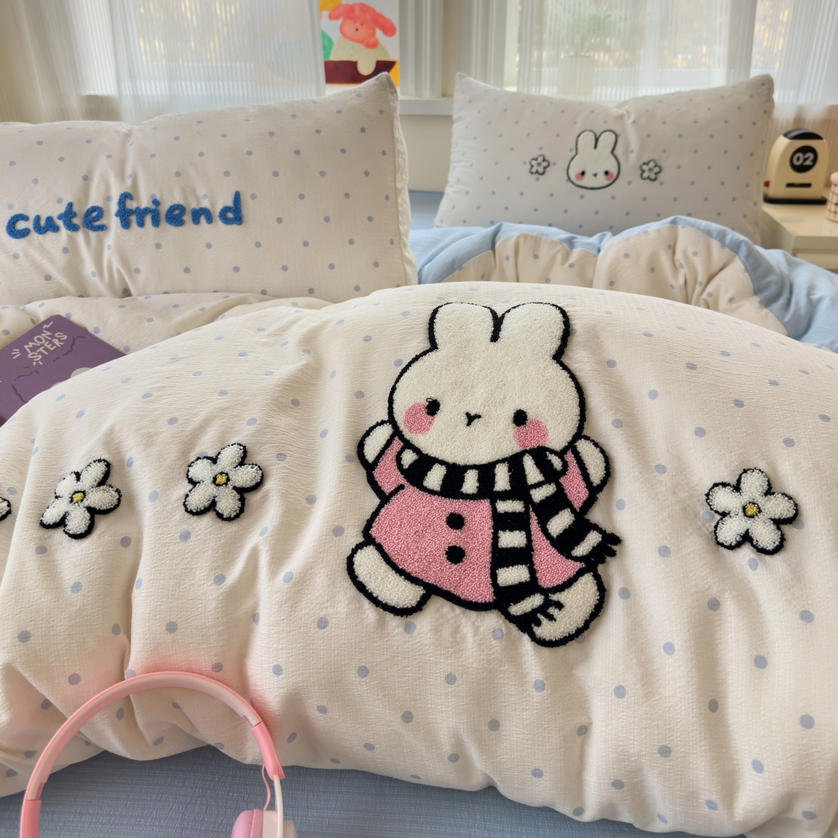 91家纺网 家纺一手货源 找家纺 奈颜 2026新款超柔水洗皱皱棉毛巾绣四件套 菲菲兔