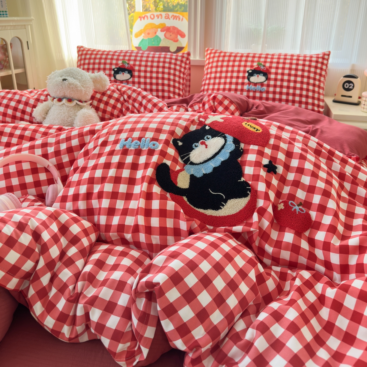 91家纺网 家纺一手货源 找家纺 奈颜 2026新款超柔水洗皱皱棉毛巾绣四件套 苹果猫咪