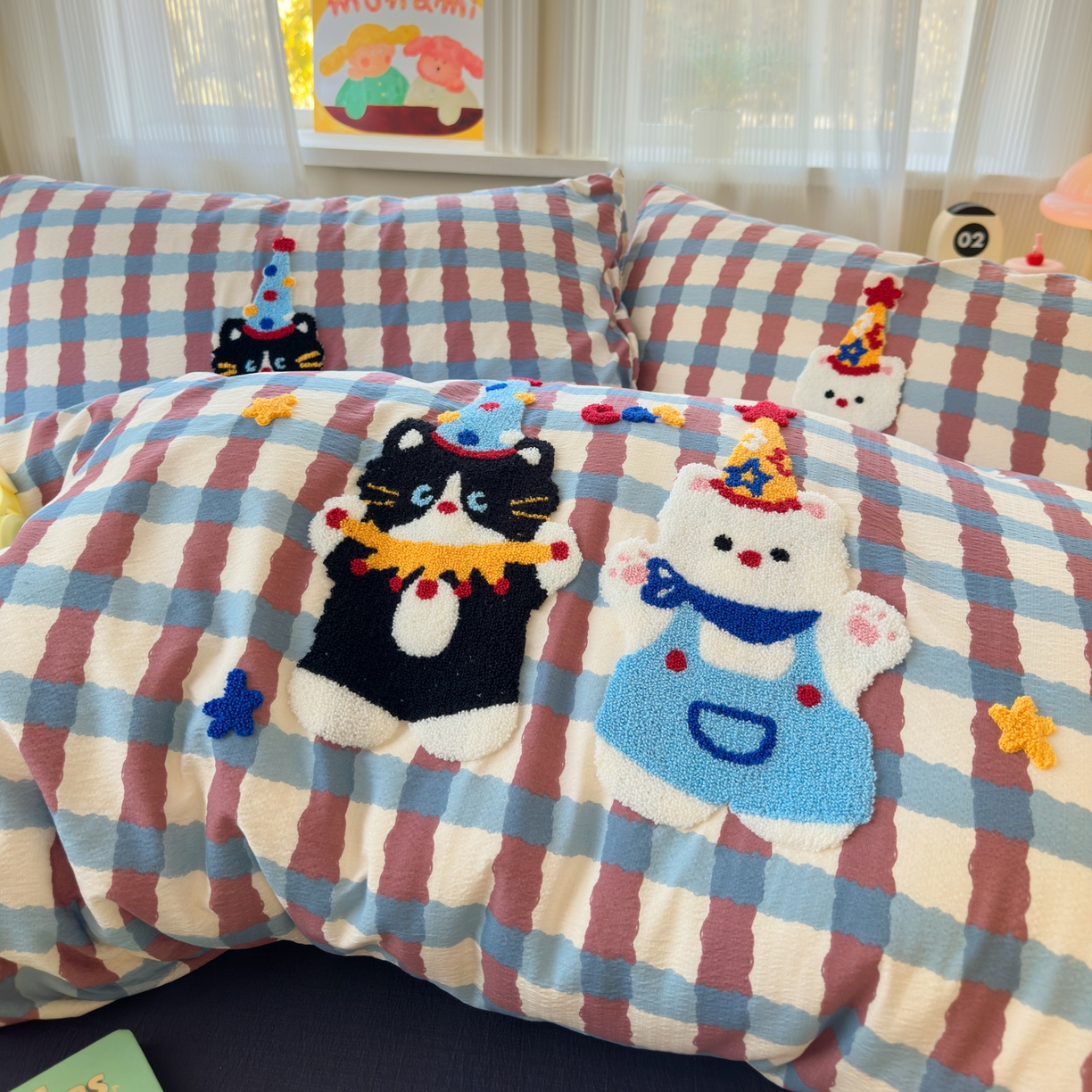 91家纺网 家纺一手货源 找家纺 奈颜 2026新款超柔水洗皱皱棉毛巾绣四件套 萌宠派对