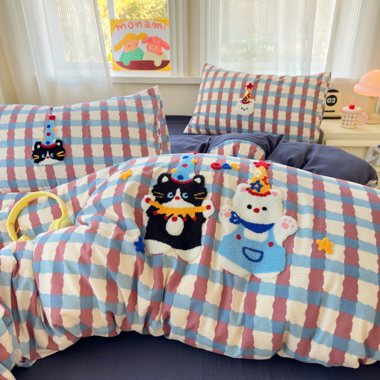 91家纺网 家纺一手货源 找家纺 奈颜 2026新款超柔水洗皱皱棉毛巾绣四件套 萌宠派对