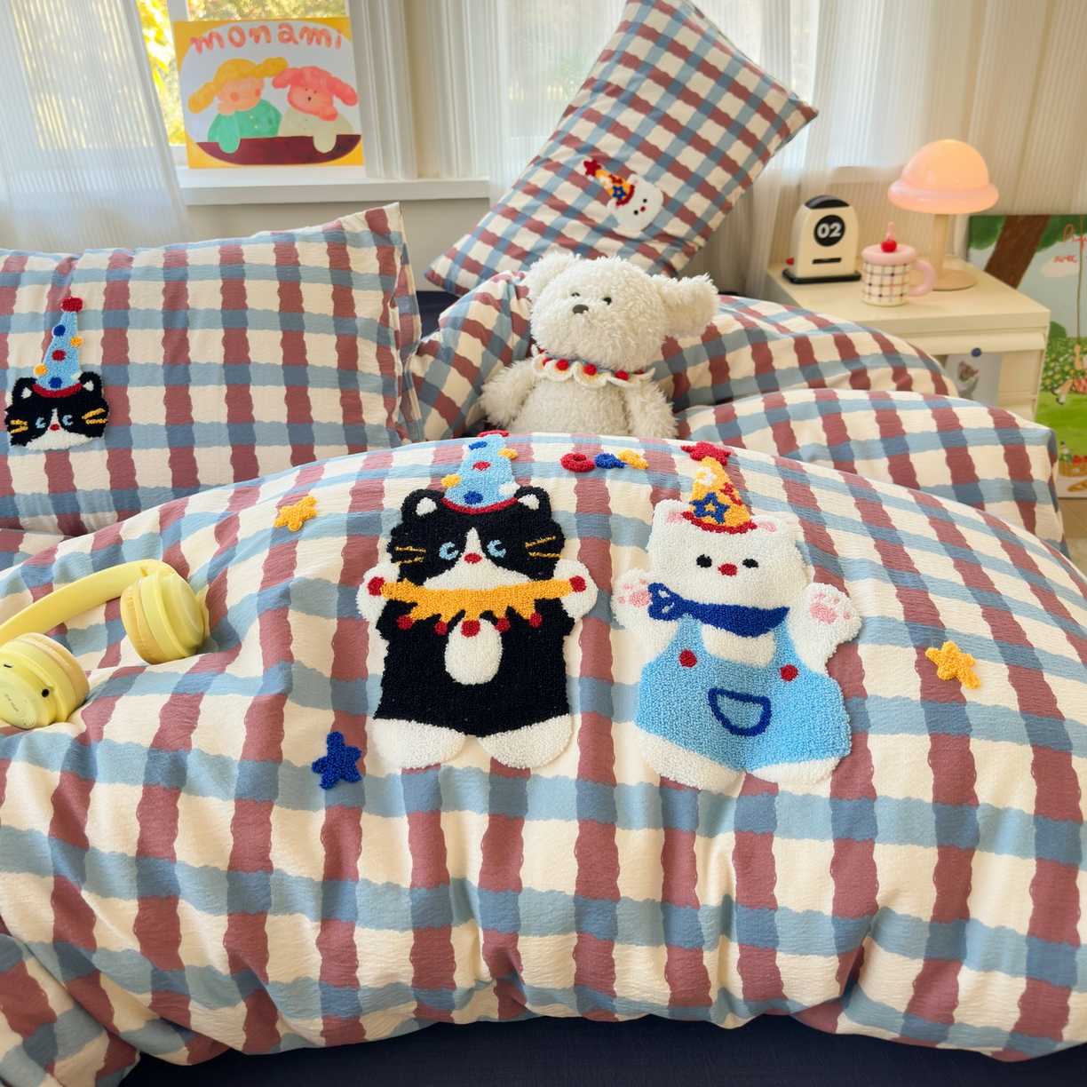 91家纺网 家纺一手货源 找家纺 奈颜 2026新款超柔水洗皱皱棉毛巾绣四件套 萌宠派对