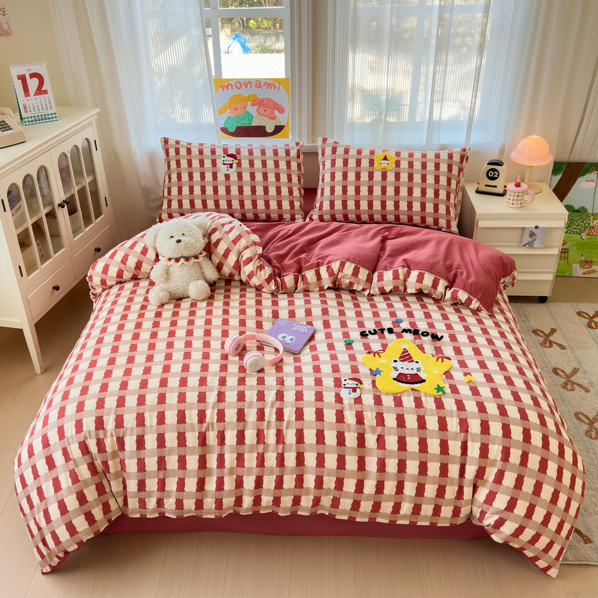 奈颜 2026新款超柔水洗皱皱棉毛巾绣四件套 萌星KT