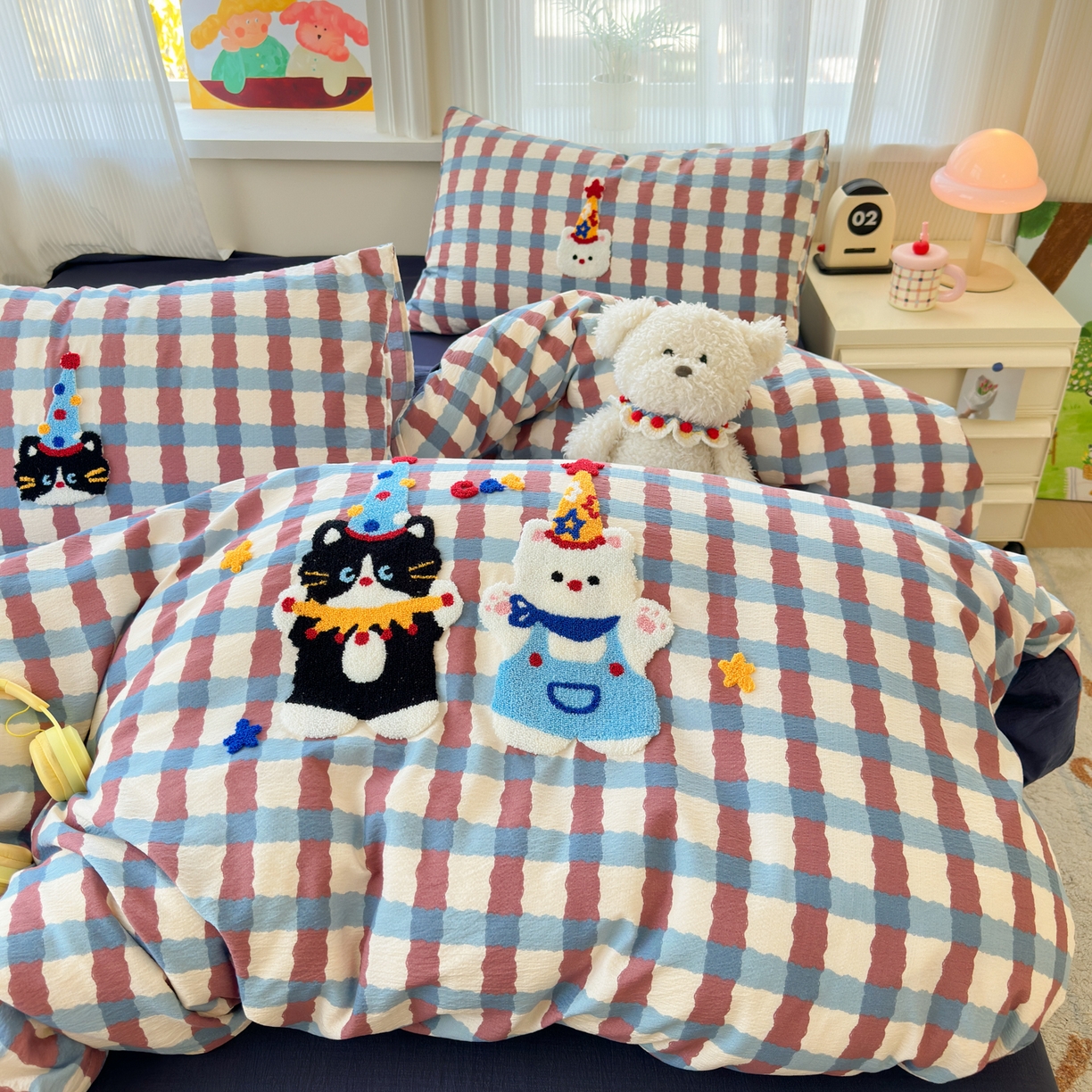 91家纺网 家纺一手货源 找家纺 奈颜 2026新款超柔水洗皱皱棉毛巾绣四件套 萌宠派对