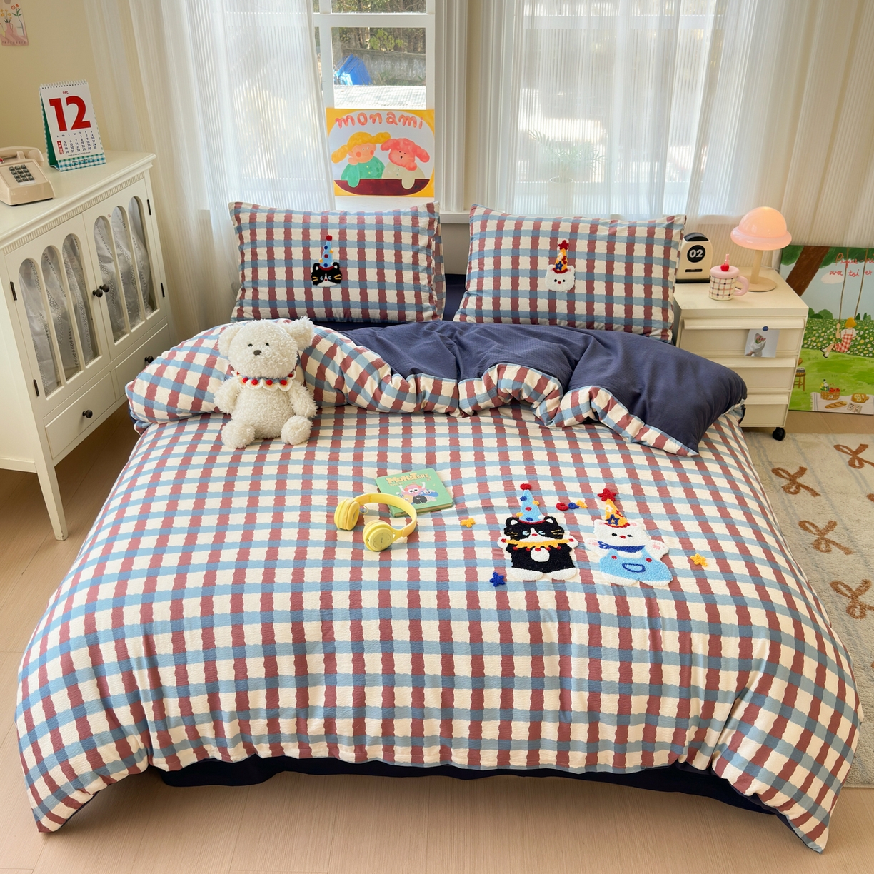 奈颜 2026新款超柔水洗皱皱棉毛巾绣四件套 萌宠派对