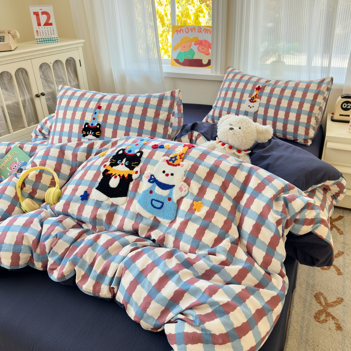 91家纺网 家纺一手货源 找家纺 奈颜 2026新款超柔水洗皱皱棉毛巾绣四件套 萌宠派对