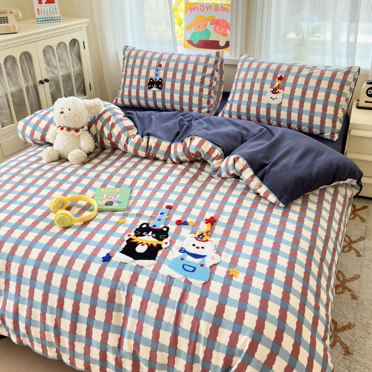 91家纺网 家纺一手货源 找家纺 奈颜 2026新款超柔水洗皱皱棉毛巾绣四件套 萌宠派对