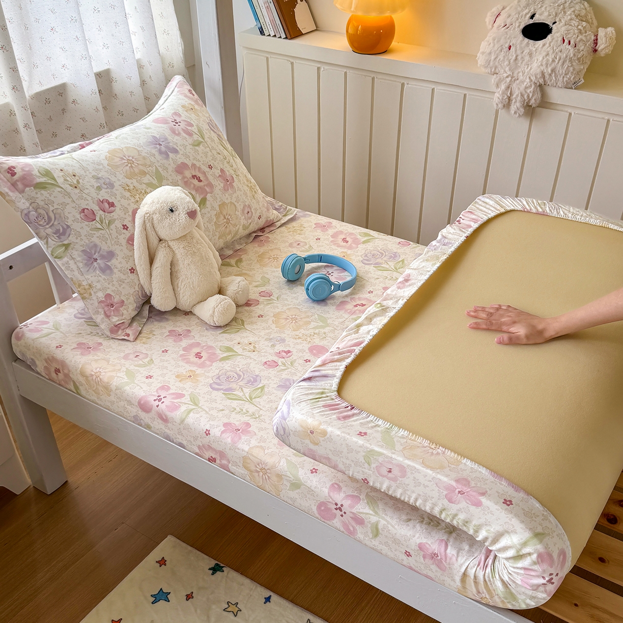 91家纺网 家纺一手货源 找家纺 尚帛 2026新款全棉品质喷气印花爆款四件套 多规格套件 单品系列-学生款单床笠 甜心花朵