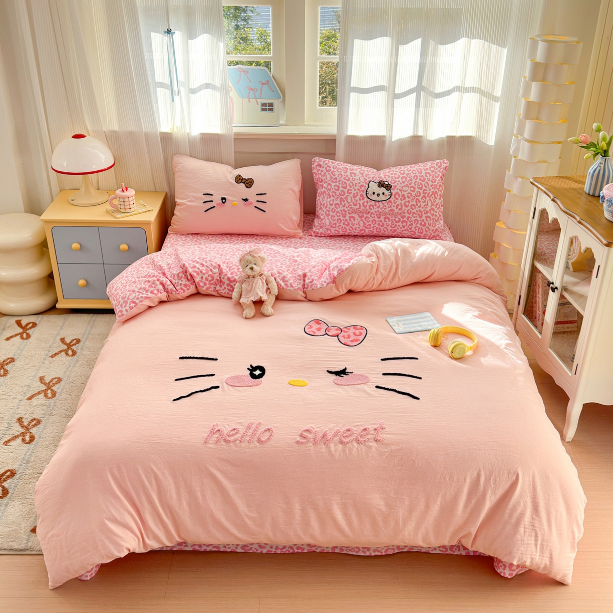 奈颜 2026新款A类水洗棉大版毛巾绣豹纹小猫四件套--影棚图 豹纹小猫-粉