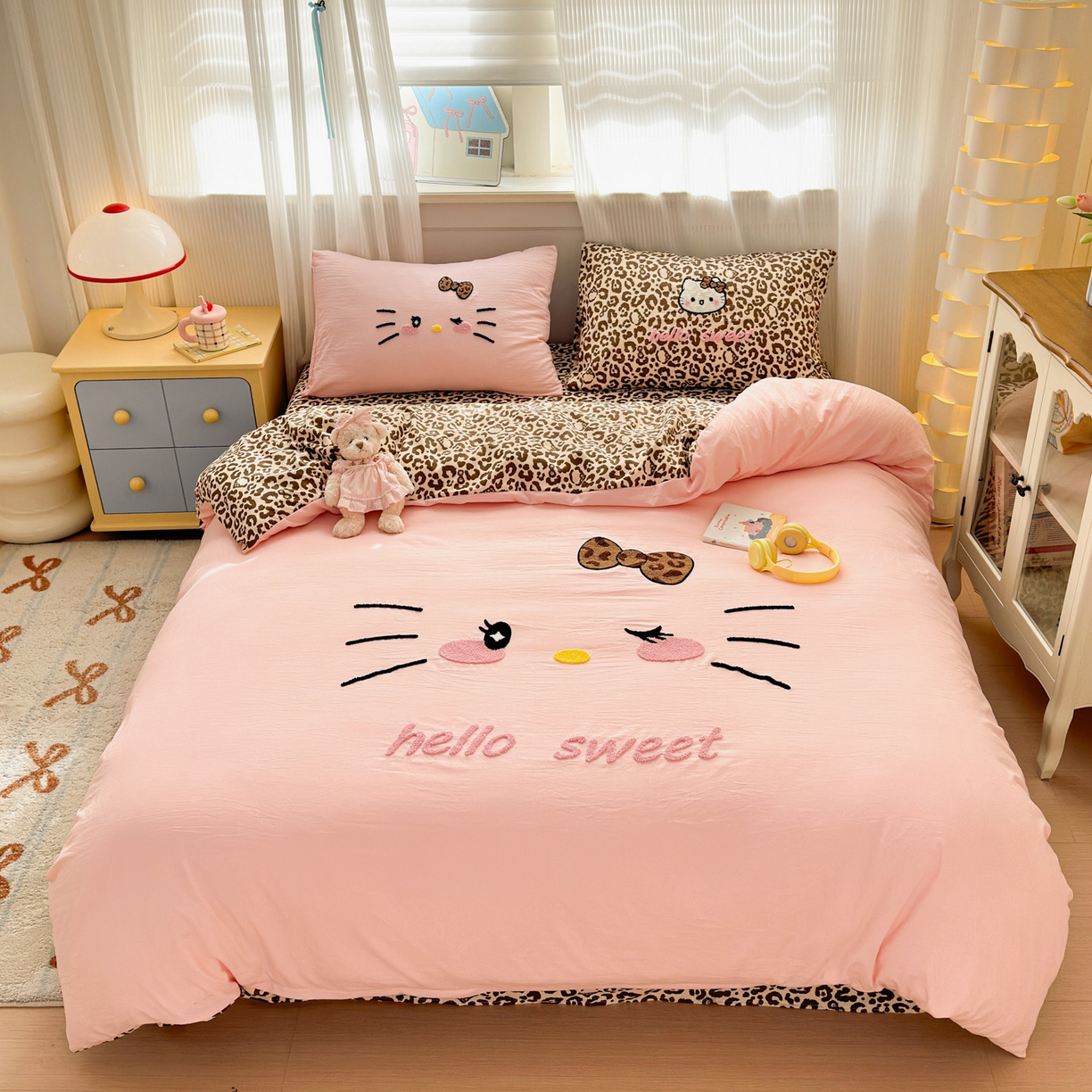 奈颜 2026新款A类水洗棉大版毛巾绣豹纹小猫四件套--影棚图 豹纹小猫-粉咖